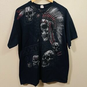 Vintage Scull Tshirt Black Indigenous Tribal Print Native Headdress Mystic Y2K L